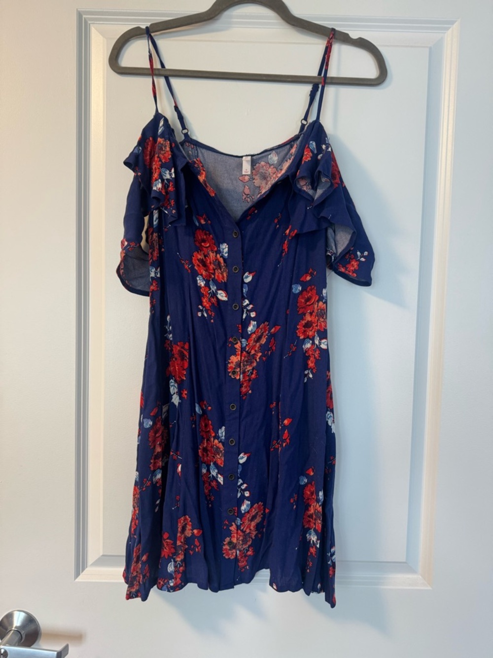 Xhilaration Navy Floral Button-Front Dress with Red Accents